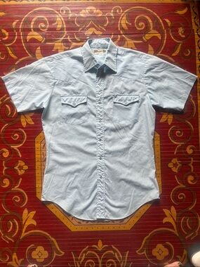 Men's Light Blue Short-Sleeve Button-Down Western Shirt vintage Roebucks
